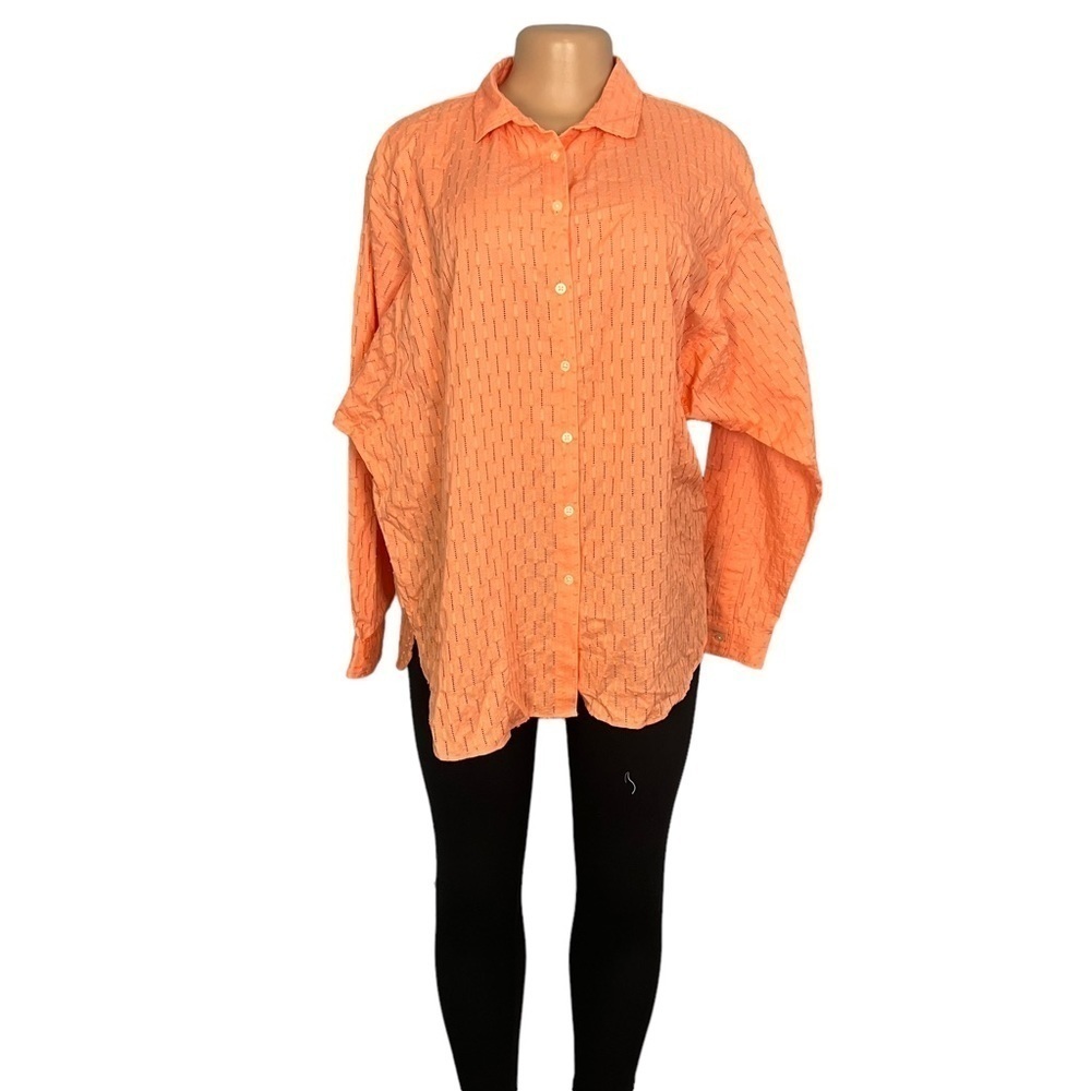 LOFT Orange Shirt Swiss Dot Print Button Front Long Sleeves